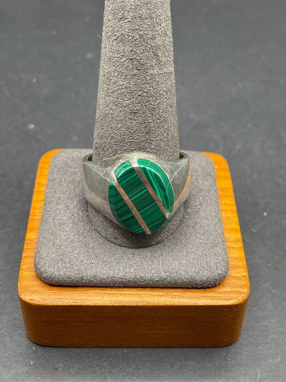Vintage Sterling Silver 925 Malachite Inlay Men's Statement Ring Size 12.5